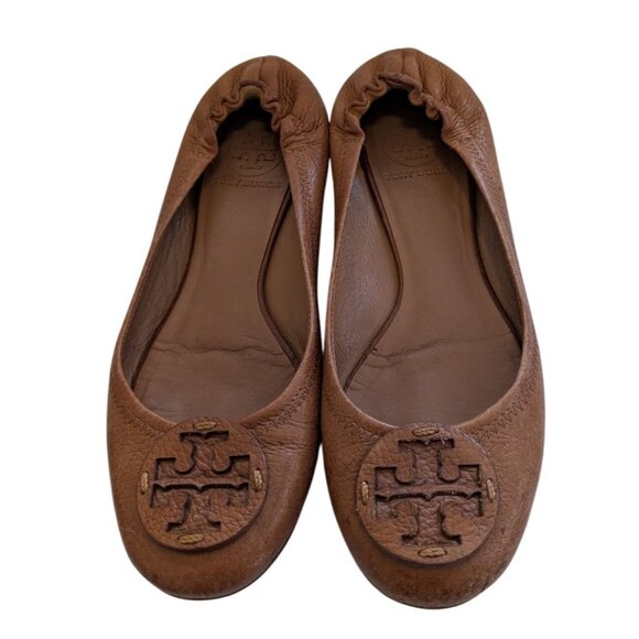 Tory Burch Reva Ballet Flats Brown Tan Leather Logo Medallion Womens Size 8.5 - Picture 2 of 3